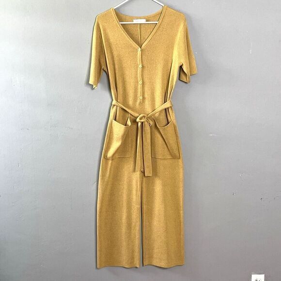 Roolee Cropped Knit Jumpsuit Short Sleeve Waist Tie Size S Mustard Yellow Casual - Picture 1 of 9